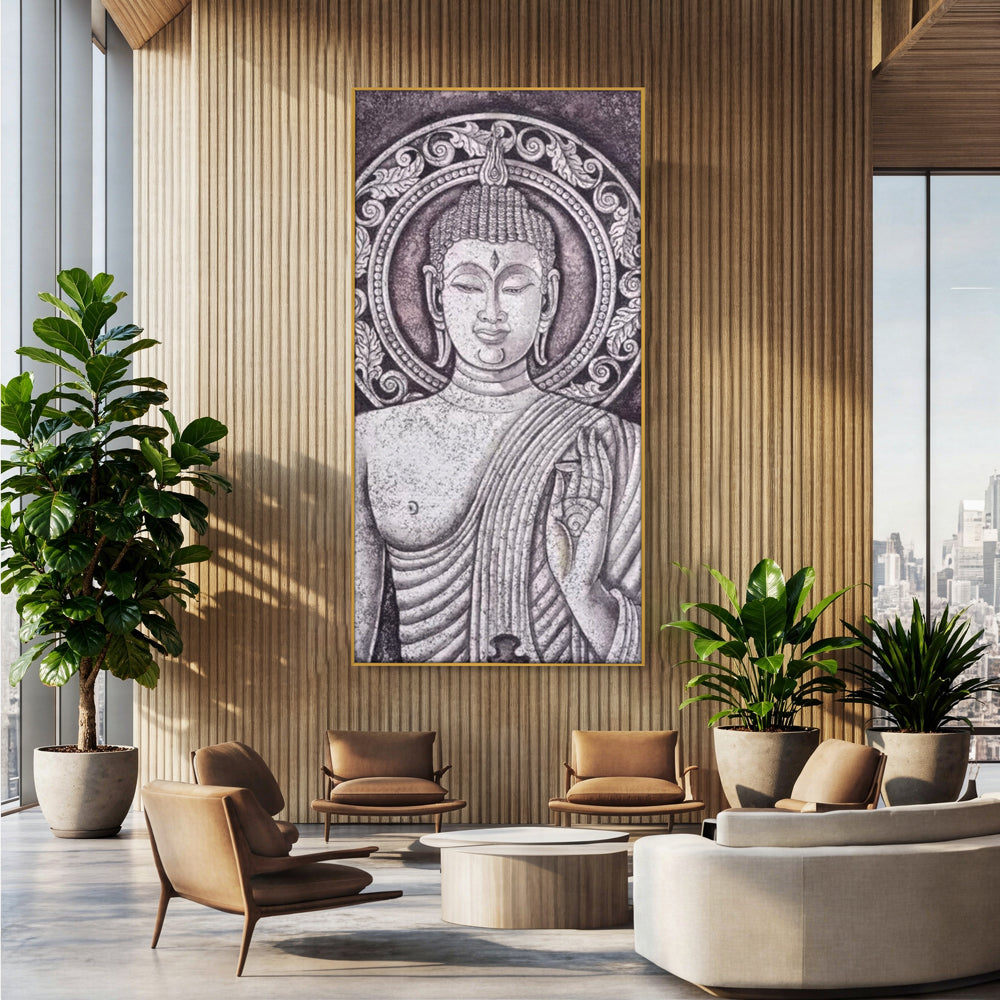 Tablou canvas cu tablou canvas cu chipul lui buddha, in rama de aluminiu auriu, pe perete intr-un birou